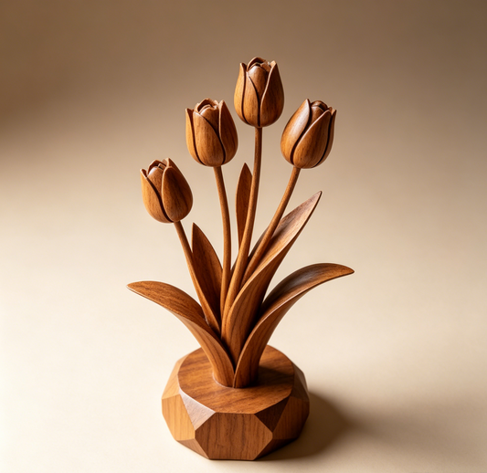 Hand-Carved Solid Wood Tulip Ornament – Natural Timber Floral Tabletop Home Decor