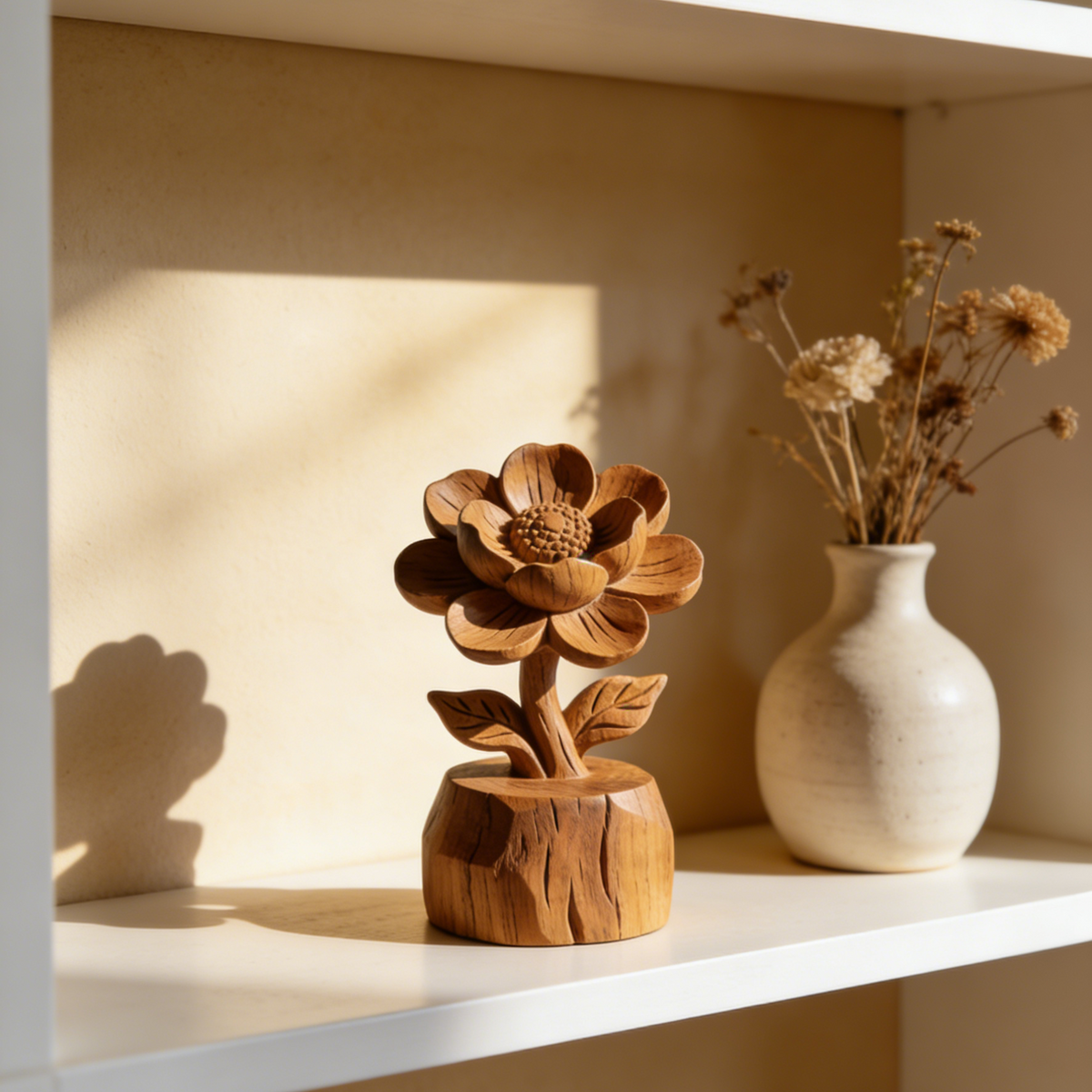 Hand-Carved Wooden Camellia Flower Statue - Single Bloom with Leaves & Rustic Base for Tabletop Decor