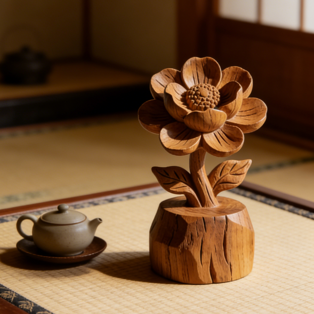 Hand-Carved Wooden Camellia Flower Statue - Single Bloom with Leaves & Rustic Base for Tabletop Decor