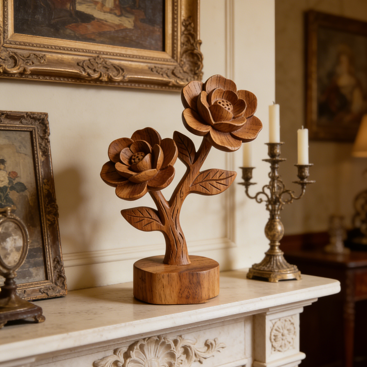 Hand-Carved Wooden Camellia Sculpture - 2-Flower Branch Decor for Bookshelf & Living Room