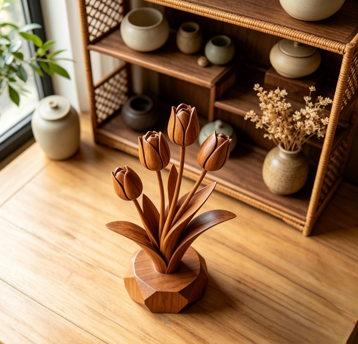 Hand-Carved Solid Wood Tulip Ornament – Natural Timber Floral Tabletop Home Decor