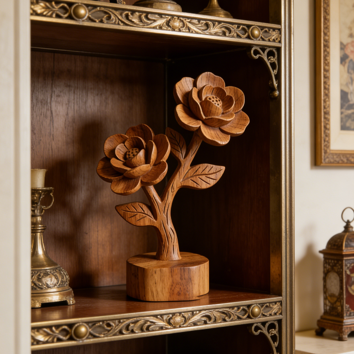 Hand-Carved Wooden Camellia Sculpture - 2-Flower Branch Decor for Bookshelf & Living Room