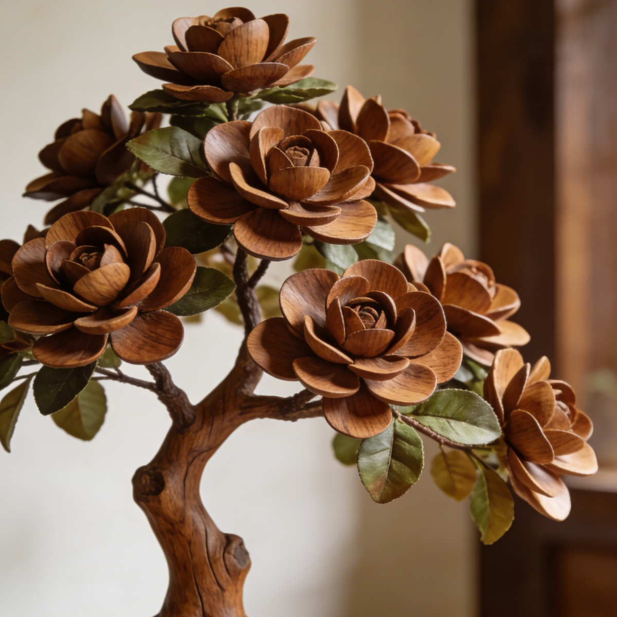 Large Hand-Carved Wooden Camellia Tree Sculpture - Blooming Floral Tree Decor for Mantel & Entryway