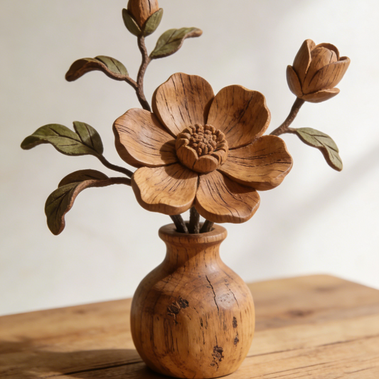 Hand-Carved Wooden Camellia in Vase - Rustic Flower Bouquet Decor with Green Leaves for Tabletop