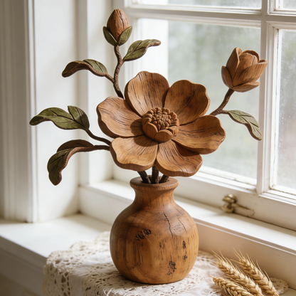 Hand-Carved Wooden Camellia in Vase - Rustic Flower Bouquet Decor with Green Leaves for Tabletop