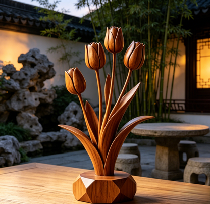 Hand-Carved Solid Wood Tulip Ornament – Natural Timber Floral Tabletop Home Decor