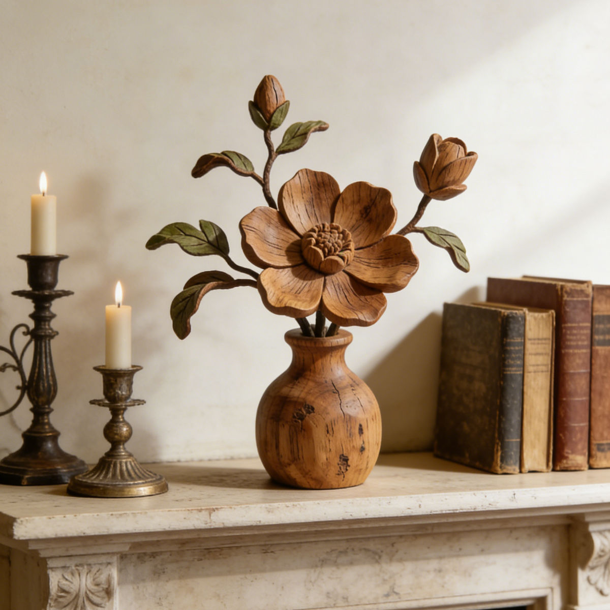 Hand-Carved Wooden Camellia in Vase - Rustic Flower Bouquet Decor with Green Leaves for Tabletop