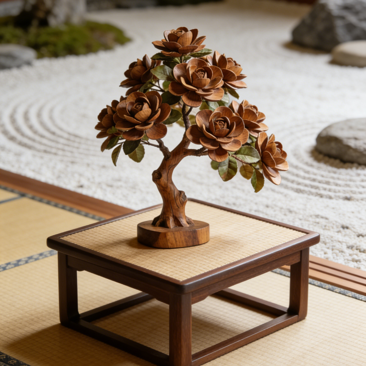 Large Hand-Carved Wooden Camellia Tree Sculpture - Blooming Floral Tree Decor for Mantel & Entryway