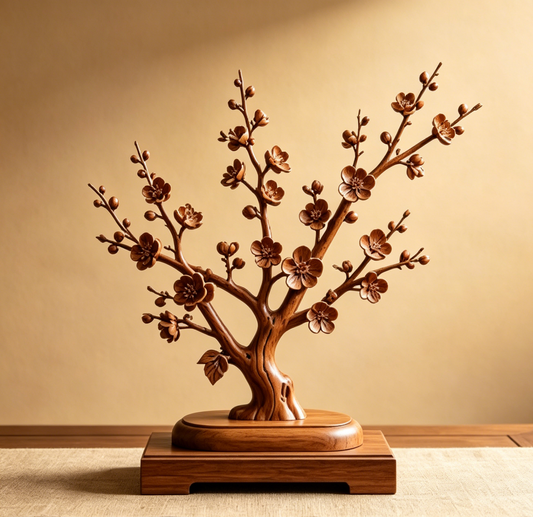 Solid Wood Plum Blossom Sculpture Ornament - Hand-Carved Wooden Plum Tree Home Decor Craft