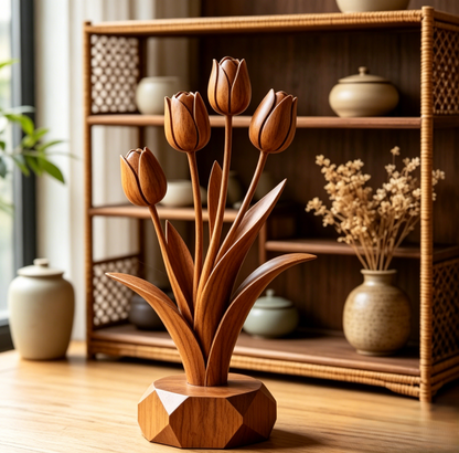 Hand-Carved Solid Wood Tulip Ornament – Natural Timber Floral Tabletop Home Decor